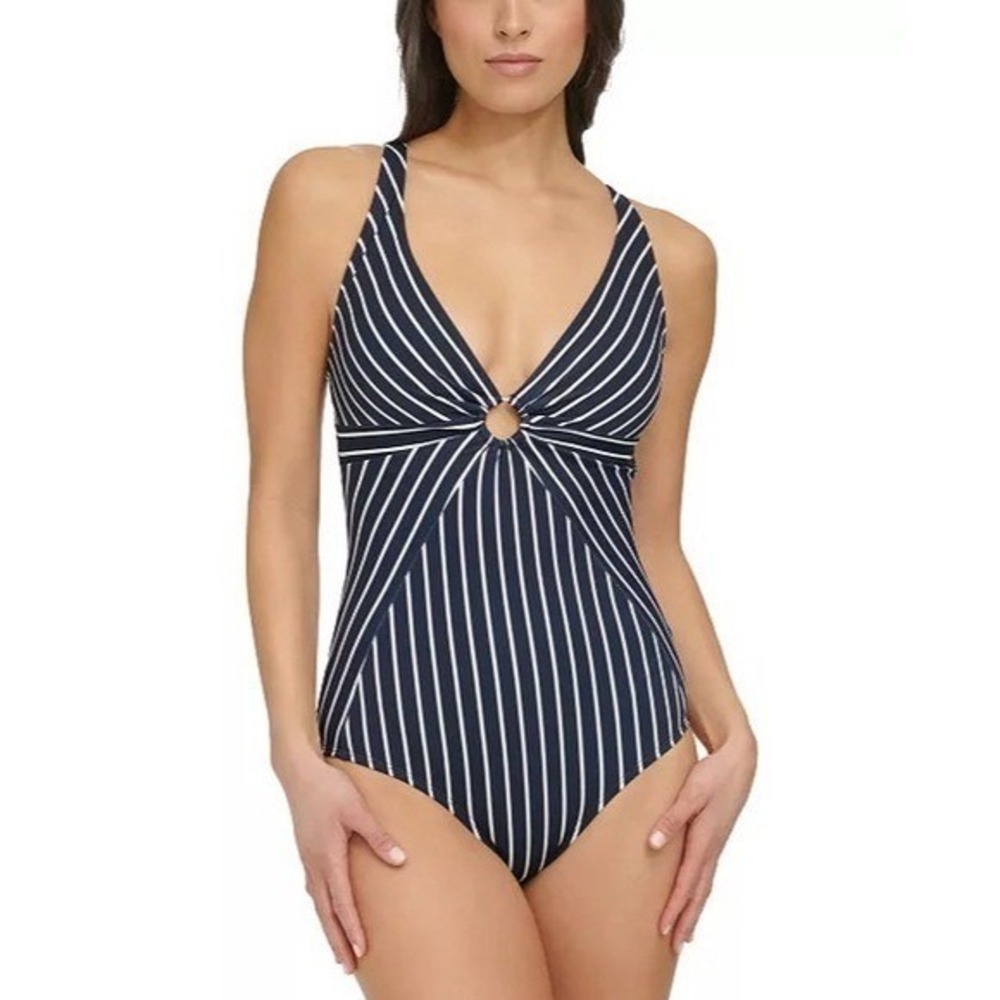 Tommy Hilfiger Womens Navy Blue White Striped O-Ring One Piece Swimsuit XL NEW